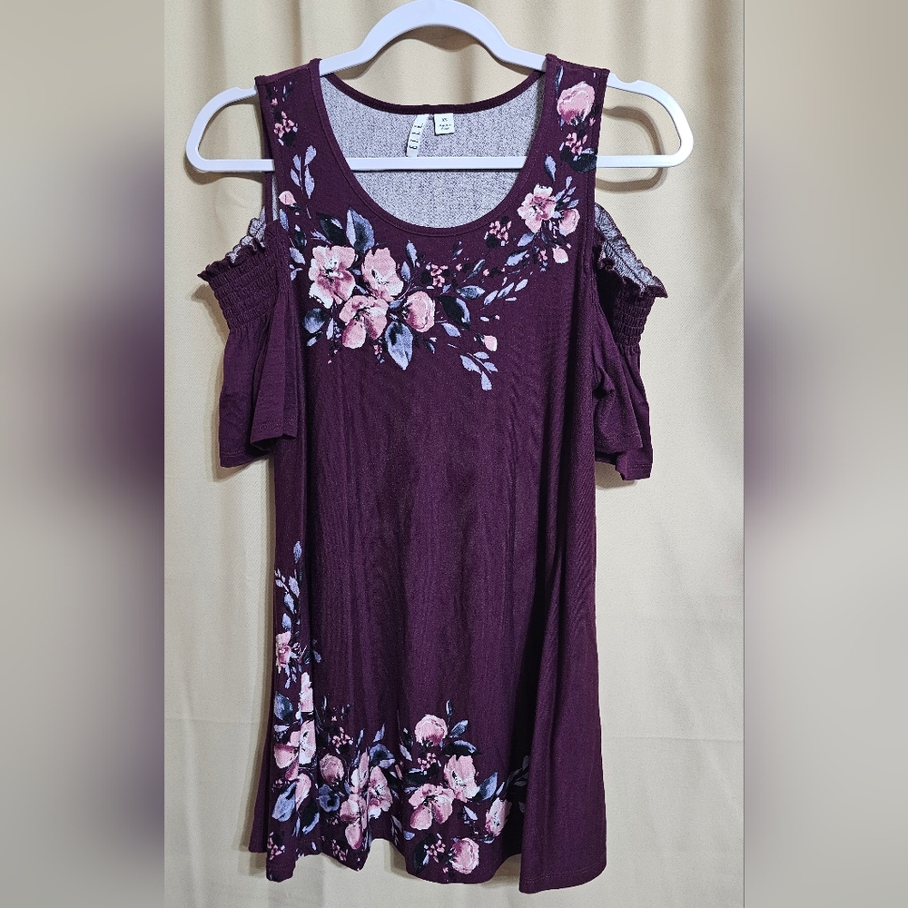 Elle Women's Floral Cold Shoulder Blouse Top - Burgundy and Pink